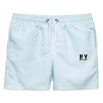 NY Skyline Buchstaben - Männer Badeshorts - hellblau gestreift - Vorne - AI Model Male 178 light (178cm)
