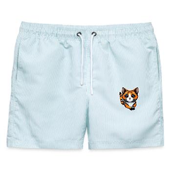 Eine orangefarbene Katze mit ihrem leuchtenden Fell, - Männer Badeshorts - hellblau gestreift - Vorne - AI Model Male 178 light (178cm)