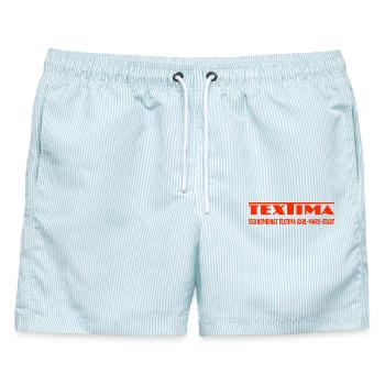 VEB Kombinat Textima Karl-Marx-Stadt DDR - Männer Badeshorts - hellblau gestreift - Vorne - AI Model Male 178 light (178cm)