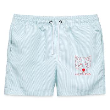 Wolfgang – rotes Wolf-Tiermotiv - Männer Badeshorts - hellblau gestreift - Vorne - AI Model Male 178 light (178cm)