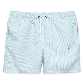 Hospizbewegung Gera - Flying Dove schwarz - Männer Badeshorts - hellblau gestreift - Vorne - AI Model Male 178 light (178cm)