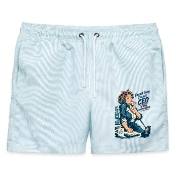 Retro Chefin: CEO of this conversation - Männer Badeshorts - hellblau gestreift - Vorne - AI Model Male 178 light (178cm)