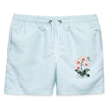 Orchideenliebe – botanische Blüten - Männer Badeshorts - hellblau gestreift - Vorne - AI Model Male 178 light (178cm)