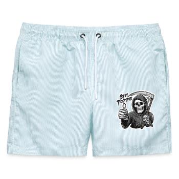 Bleib Positiv Grim Reaper Skelett Humor - Männer Badeshorts - hellblau gestreift - Vorne - AI Model Male 178 light (178cm)