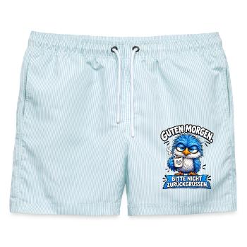 Guten Morgen Bitte Nicht Zurück Grüßen Ironie Fun - Männer Badeshorts - hellblau gestreift - Vorne - AI Model Male 178 light (178cm)