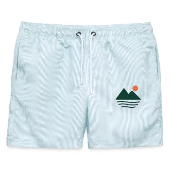 Bergsee im Morgenlicht – geometrisches Naturmotiv - Männer Badeshorts - hellblau gestreift - Vorne - AI Model Male 178 light (178cm)
