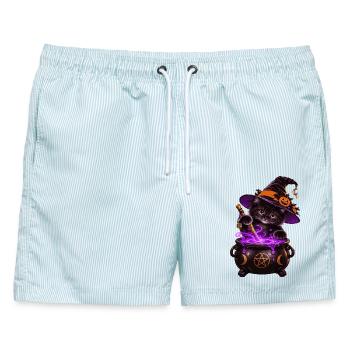 Süße Hexenkatze mit Zauberkessel – Halloween Katze - Männer Badeshorts - hellblau gestreift - Vorne - AI Model Male 178 light (178cm)