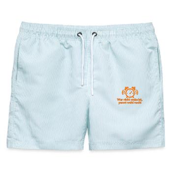 Wer nicht woke ist pennt wohl noch!  - Männer Badeshorts - hellblau gestreift - Vorne - AI Model Male 178 light (178cm)
