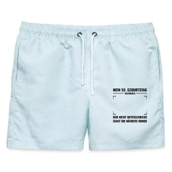 Gästebuch 50. Geburtstag zum Unterschreiben - Männer Badeshorts - hellblau gestreift - Vorne - AI Model Male 178 light (178cm)