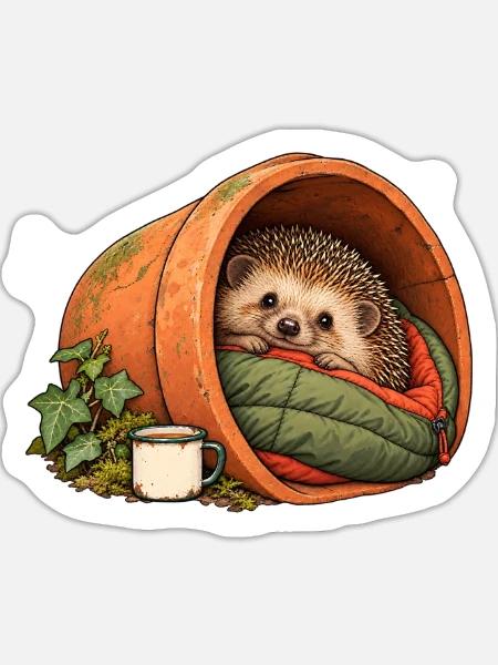 Blumentopf-Camping Igel - Sticker Größe XL (35 x 35 cm) - Mattweiß