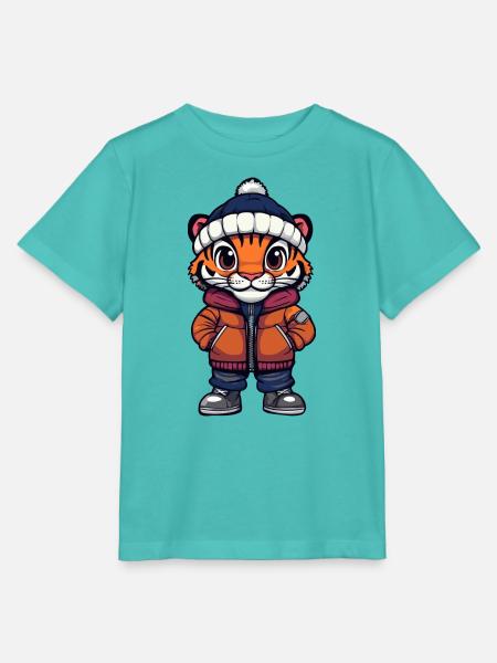Tiger mit Winterjacke und Mütze - Stanley/Stella Kinder T-Shirt MINI CREATOR - Poolblau