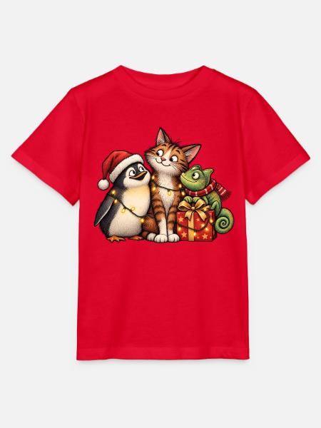 Weihnachts-Pinguin-Katze und Chamäleon-Freunde - Stanley/Stella Kinder T-Shirt MINI CREATOR - Rot