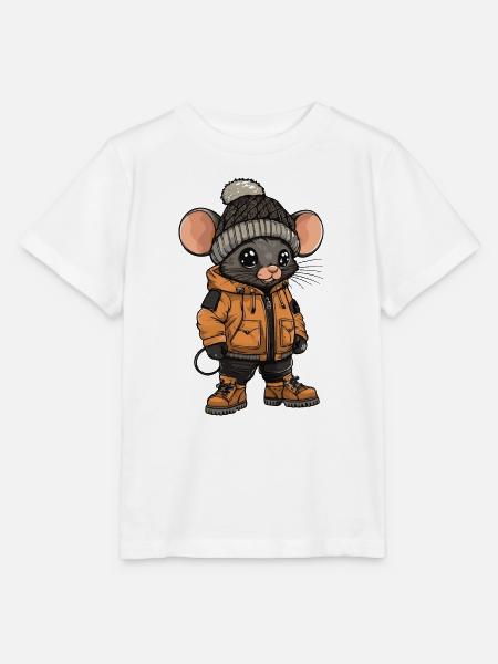 Maus mit Winterjacke und Mütze - Stanley/Stella Kinder T-Shirt MINI CREATOR - Weiß