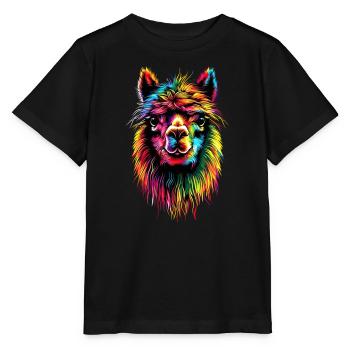 Alpaka Pop Art Bunte Farben Lama Regenbogen Alpaka - Stanley/Stella Kinder T-Shirt MINI CREATOR  - Schwarz - Vorne - Mikhail (115cm)
