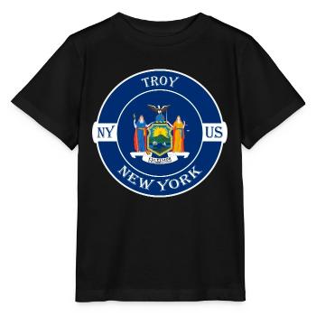 Troy New York Flagge USA Reise Souvenir Abzeichen - Stanley/Stella Kinder T-Shirt MINI CREATOR  - Schwarz - Vorne - Mikhail (115cm)