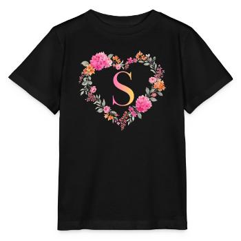 S Monogramm Blumen Herz personalisierbar - Stanley/Stella Kinder T-Shirt MINI CREATOR  - Schwarz - Vorne - Mikhail (115cm)