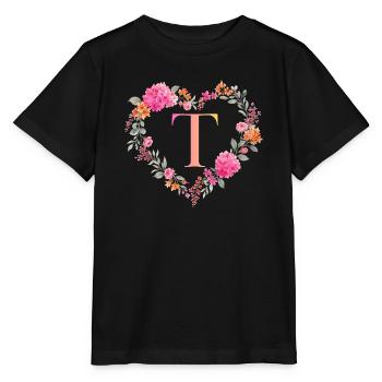 T Monogramm Blumen Herz personalisierbar - Stanley/Stella Kinder T-Shirt MINI CREATOR  - Schwarz - Vorne - Mikhail (115cm)
