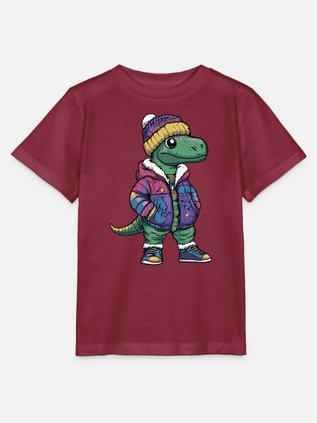 Dinosaurier mit Winterjacke und Mütze - Stanley/Stella Kinder T-Shirt MINI CREATOR  - Burgunderrot