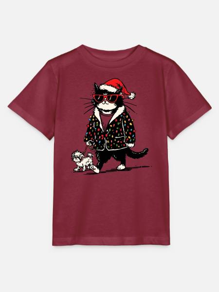 Cool Christmas Lights Cat Walking Dog - Stanley/Stella Kinder T-Shirt MINI CREATOR - Burgunderrot
