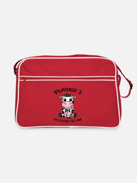 Zweite Kind Spieler 2 Baby Kuh Schwanger Geschenk - Retro Tasche - Rot/Weiß - Vorne