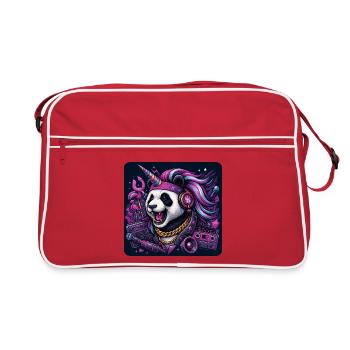 Panda mit Einhorn und Kopfhörern im Neonlook - Retro Tasche - Rot/Weiß - Vorne