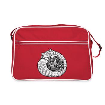 Schlafende Katze mit einer gemütlichen Bibliothek - Retro Tasche - Rot/Weiß - Vorne