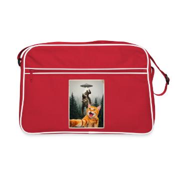 Rote Katze Selfie mit Waldmensch, Dino und UFO - Retro Tasche - Rot/Weiß - Vorne