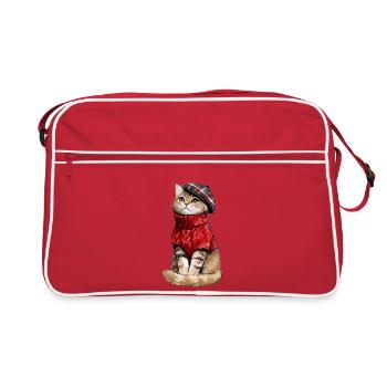Süße Katze mit Baskenmütze und Strickpullover - Retro Tasche - Rot/Weiß - Vorne