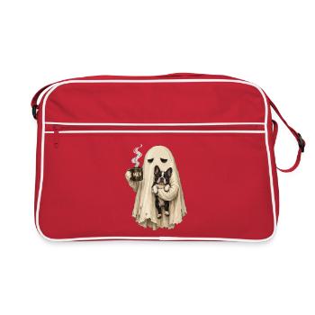MEH Geist Mit Französischer Bulldogge Zu Halloween - Retro Tasche - Rot/Weiß - Vorne