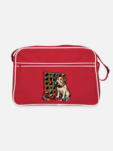 Hund Adventskalender Schokolade Comic T-Shirt - Retro Tasche - Rot/Weiß