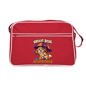 Vorsicht, bissig. Außer bei Regen. – Werwolf-Hund - Retro Tasche - Rot/Weiß - Vorne