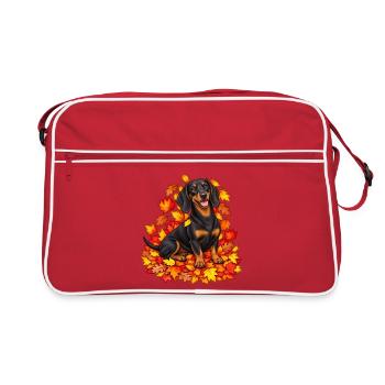 Herbstlicher Dackel mit Laub - Retro Tasche - Rot/Weiß - Vorne