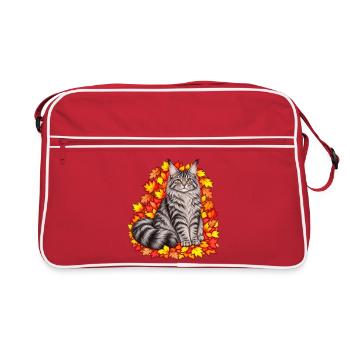 Herbstkatze auf Blätterkranz - Retro Tasche - Rot/Weiß - Vorne