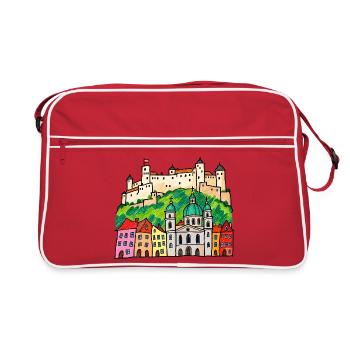 Salzburg Skyline im bunten Wachsmalstil - Retro Tasche - Rot/Weiß - Vorne