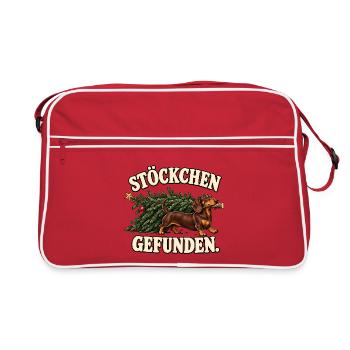 Dackel Weihnachtsbaum – Stöckchen gefunden - Retro Tasche - Rot/Weiß - Vorne