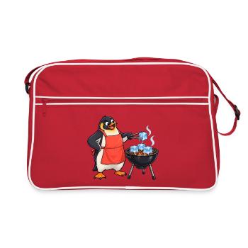 Lustiger Pinguin grillt Eiswürfel am Kugelgrill - Retro Tasche - Rot/Weiß - Vorne