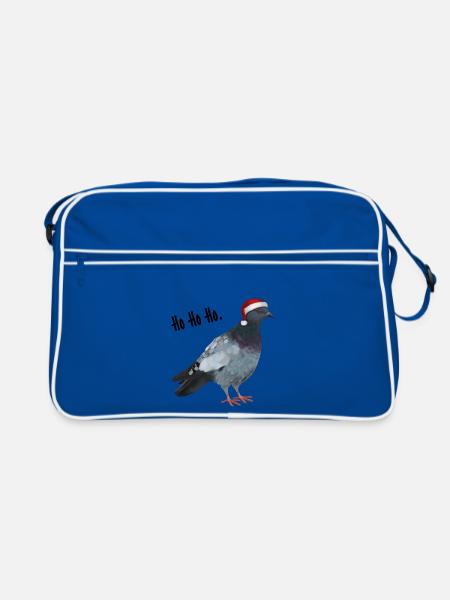 Ho Ho Ho - Taube mit Weihnachtsmütze - Retro Tasche - Blau/Weiß