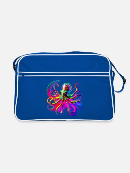 Psychedelischer Neon-Oktopus - Retro Tasche - Blau/Weiß - Vorne