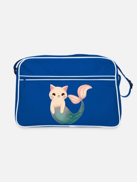 Niedliche Meerjungfrau Katze - Retro Tasche - Blau/Weiß