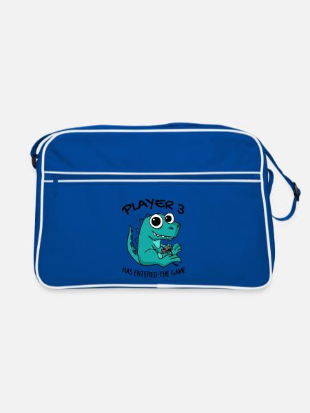 Drittes Kind Spieler 3 Schwanger Baby Dinosaurier - Retro Tasche - Blau/Weiß - Vorne