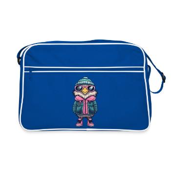 Eule mit Winterjacke und Sonnenbrille - Retro Tasche - Blau/Weiß - Vorne