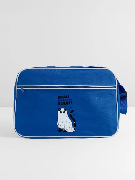 Miau äh ich meine Buuh! - Katze Gespenst Halloween - Retro Tasche - Blau/Weiß - Vorne