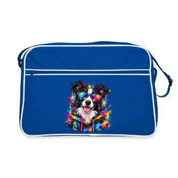 Border Collie mit Kopfhörern – Neon Graffiti - Retro Tasche - Blau/Weiß - Vorne