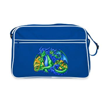 Liebevolle Drachenmama mit drei süßen Drachenbabys - Retro Tasche - Blau/Weiß - Vorne
