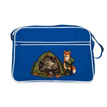 Wildschwein und Fuchs beim Zelten - Retro Tasche - Blau/Weiß - Vorne