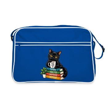 Nerdy Katze mit Kaffee und Büchern - Retro Tasche - Blau/Weiß - Vorne