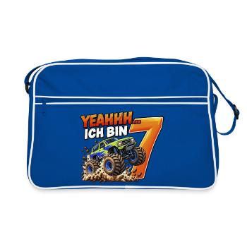 Monstertruck zum 7. Geburtstag – Yeahhh ich bin 7 - Retro Tasche - Blau/Weiß - Vorne