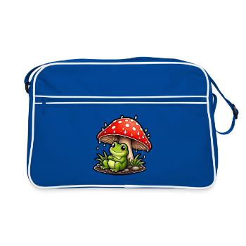 Süßer Frosch Fliegenpilz Regen Niedlich T-Shirt - Retro Tasche - Blau/Weiß - Vorne