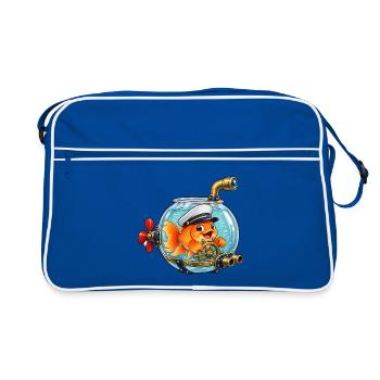 Goldfisch als Kapitän im verrückten Fischglas - Retro Tasche - Blau/Weiß - Vorne