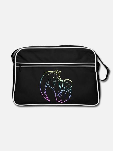 Pferd reiten Reitsport Reiterin Kinder Pferde - Retro Tasche - Schwarz/Weiß